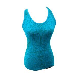 Athleta built in support teal blue green workout floral embossed seamless tank L